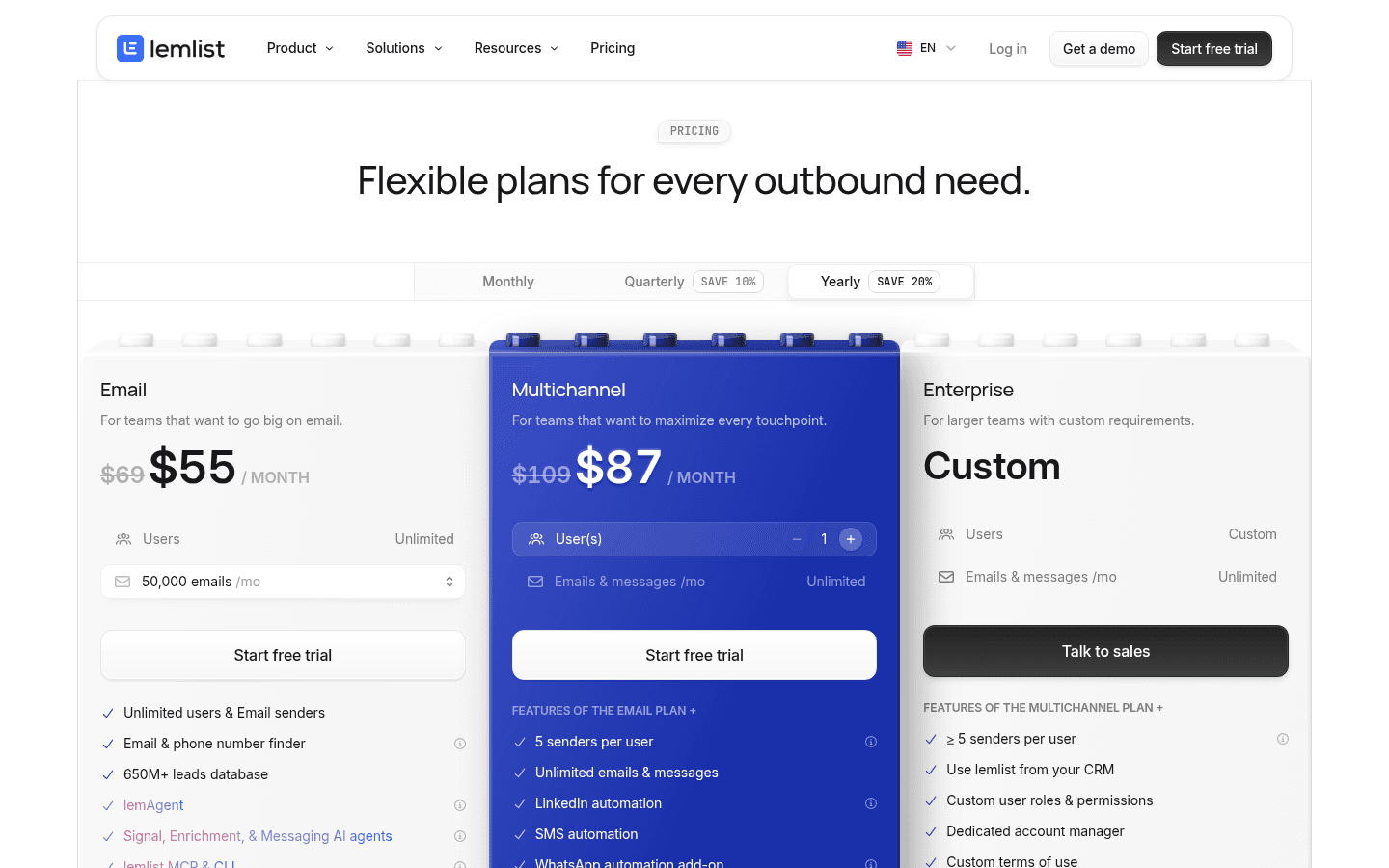 lemlist's pricing page