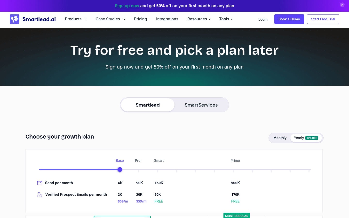 Smartlead's pricing page