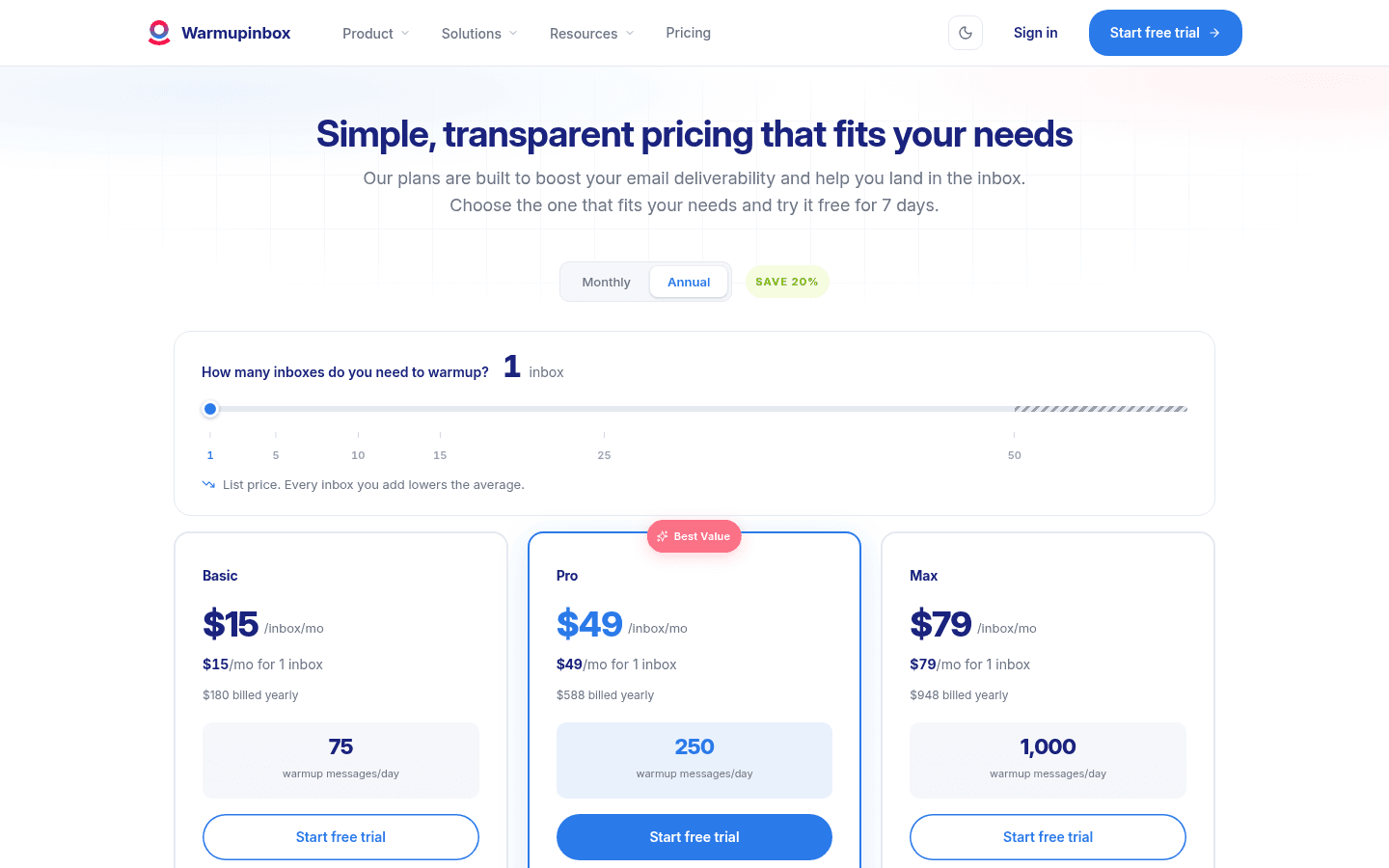 Warmup Inbox's pricing page